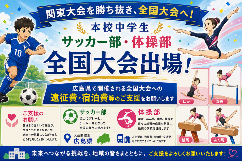 中学校サッカー部・体操部 全国大会出場のお知らせとご支援のお願い